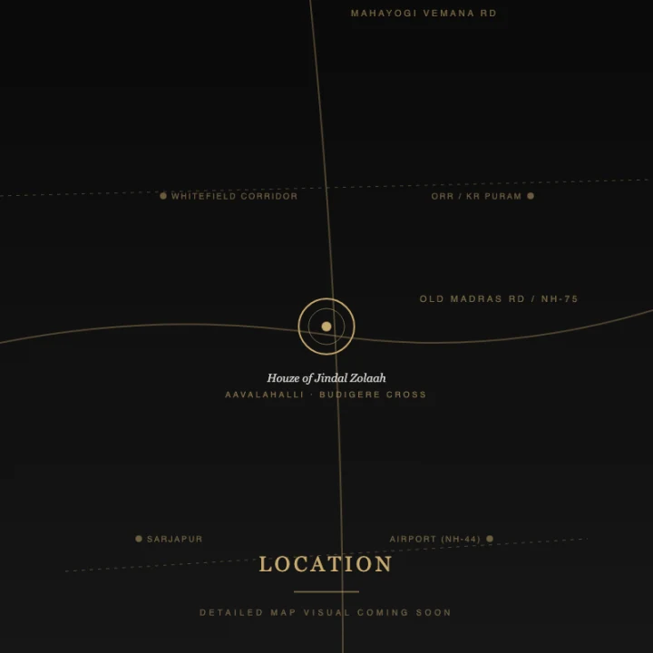 Houze of Jindal Zolaah location map at Mahayogi Vemana Road, Aavalahalli, near Budigere Cross with Old Madras Road, ORR, Whitefield, and airport connectivity